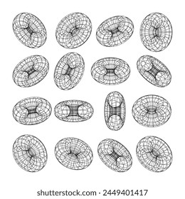 Wireframe shapes, lined torus. Perspective mesh, 3d grid. Low poly geometric elements. Retro futuristic design elements, y2k, vaporwave and synthwave style. Vector illustration