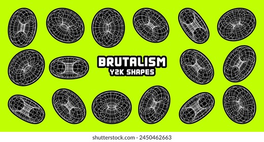 Wireframe shapes, lined torus. Perspective mesh, 3d grid. Modern trendy low poly geometric elements. Retro futuristic design elements, y2k, vaporwave and synthwave style. Vector illustration