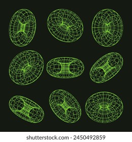 Wireframe shapes, lined torus. Perspective mesh, 3d grid. Low poly geometric elements. Retro futuristic design elements, y2k, vaporwave and synthwave style. Vector illustration