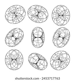 Wireframe shapes, lined torus. Perspective mesh, 3d grid. Low poly geometric elements. Retro futuristic design elements, y2k, vaporwave and synthwave style. Vector illustration