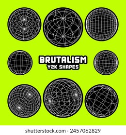 Wireframe shapes, lined torus. Perspective mesh, 3d grid. Modern trendy low poly geometric elements. Retro futuristic design elements, y2k, vaporwave and synthwave style. Vector illustration