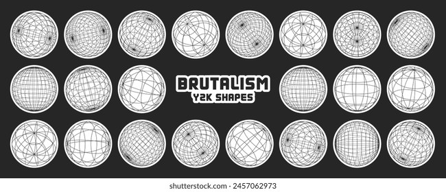 Wireframe shapes, lined torus. Perspective mesh, 3d grid. Modern trendy low poly geometric elements. Retro futuristic design elements, y2k, vaporwave and synthwave style. Vector illustration