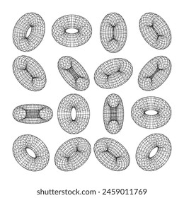 Wireframe shapes, lined torus. Perspective mesh, 3d grid. Low poly geometric elements. Retro futuristic design elements, y2k, vaporwave and synthwave style. Vector illustration