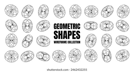 Wireframe shapes, lined torus. Perspective mesh, 3d grid. Low poly geometric elements. Retro futuristic design elements, y2k, vaporwave and synthwave style. Vector illustration