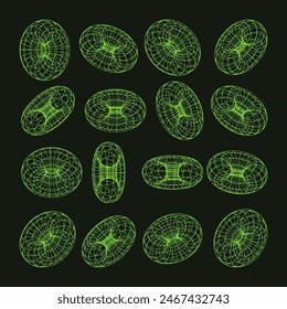 Wireframe shapes, lined torus. Perspective mesh, 3d grid. Low poly geometric elements. Retro futuristic design elements, y2k, vaporwave and synthwave style. Vector illustration