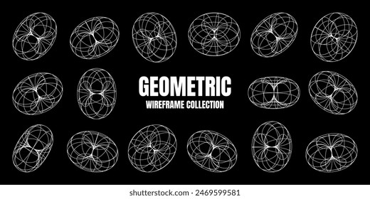 Wireframe shapes, lined torus. Perspective mesh, 3d grid. Low poly geometric elements. Retro futuristic design elements, y2k, vaporwave and synthwave style. Vector illustration