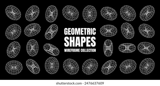 Wireframe shapes, lined torus. Perspective mesh, 3d grid. Low poly geometric elements. Retro futuristic design elements, y2k, vaporwave and synthwave style. Vector illustration