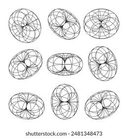 Wireframe shapes, lined torus. Perspective mesh, 3d grid. Low poly geometric elements. Retro futuristic design elements, y2k, vaporwave and synthwave style. Vector illustration