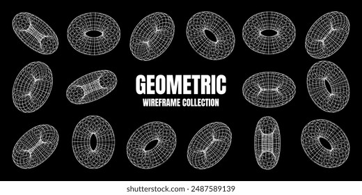 Wireframe shapes, lined torus. Perspective mesh, 3d grid. Low poly geometric elements. Retro futuristic design elements, y2k, vaporwave and synthwave style. Vector illustration