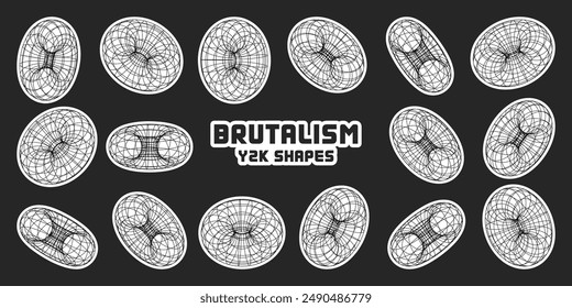 Wireframe shapes, lined torus. Perspective mesh, 3d grid. Modern trendy low poly geometric elements. Retro futuristic design elements, y2k, vaporwave and synthwave style. Vector illustration