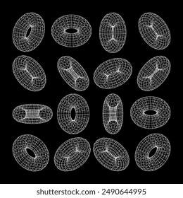 Wireframe shapes, lined torus. Perspective mesh, 3d grid. Low poly geometric elements. Retro futuristic design elements, y2k, vaporwave and synthwave style. Vector illustration