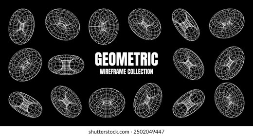 Wireframe shapes, lined torus. Perspective mesh, 3d grid. Low poly geometric elements. Retro futuristic design elements, y2k, vaporwave and synthwave style. Vector illustration