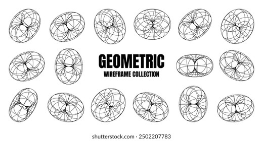 Wireframe shapes, lined torus. Perspective mesh, 3d grid. Low poly geometric elements. Retro futuristic design elements, y2k, vaporwave and synthwave style. Vector illustration