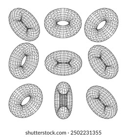 Wireframe shapes, lined torus. Perspective mesh, 3d grid. Low poly geometric elements. Retro futuristic design elements, y2k, vaporwave and synthwave style. Vector illustration