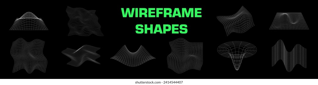 Wireframe shapes set. Distortion grid.