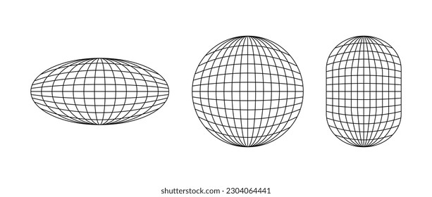 Wireframe shapes. Sphere, ellipse. Globe grid frame elements set. Geometric round net. Outline graphic design collection. Vector