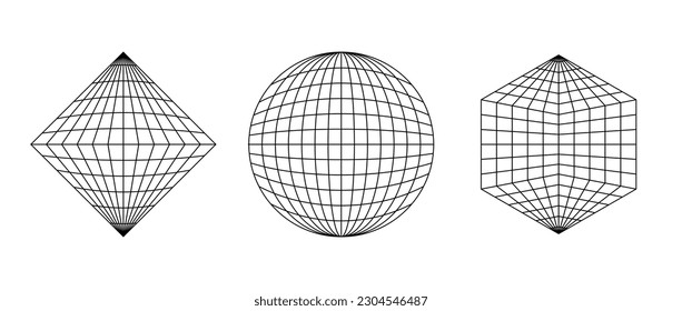 Formas de armazón de alambre. Esfera, prisma, red de octaedro. Conjunto de elementos de marco de cuadrícula geométrica. Colección de diseño gráfico de esquema. Vector