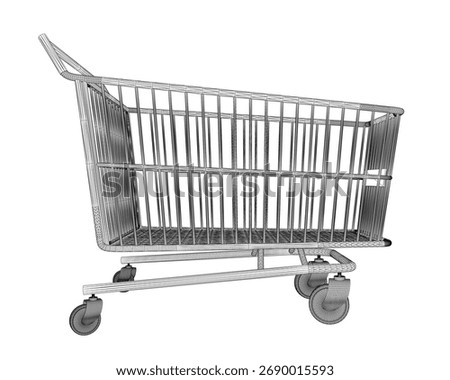 Wireframe shopping cart with four wheels and a handlebar, made of metal with a glossy finish on a white background. This 3D model is ideal for market and retail concepts.