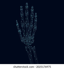 Wireframe of the skeleton of a human hand made of blue lines with glowing lights on a dark background. 3D. Vector illustration.