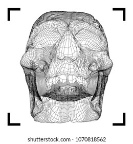 Wireframe Skull Human, Scary, Locally Deformed Lines on the Dark background, geometric polygons line art. Vector Illustration.