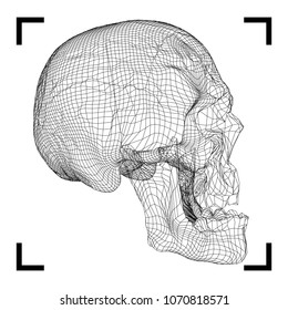 Wireframe Skull Human, Scary, Locally Deformed Lines on the Dark background, geometric polygons line art. Vector Illustration.