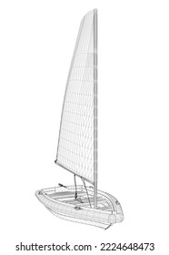 Wireframe of a small boat with a sail made of black lines isolated on a white background. Front view. 3D. Vector illustration.