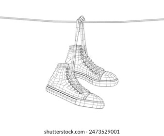 Wireframe Sneakers hanging from a rope on the white background. Vector illustration. 3D.