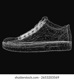 Tênis wireframe com um design low-top e fechamento de renda se destacam em um fundo preto. A renderização detalhada destaca a sola de borracha, cadarços e estrutura de calcanhar.