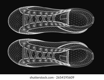 Tênis wireframe renderizados em 3D em um fundo preto mostram detalhes realistas. Elementos visíveis incluem cadarços, língua e calcanhar para um design elegante.