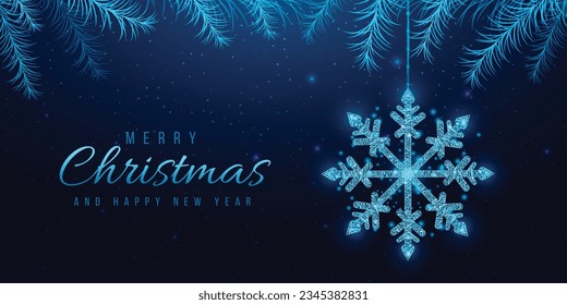 Wireframe snowflake and Christmas tree branches, low poly style. New Year banner. Abstract modern vector illustration on blue background