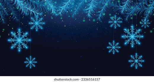 Copos de nieve con marco de alambre y ramas de árboles de Navidad, bajo estilo de poli. Cartel de Año Nuevo. Resumen de ilustración vectorial moderna sobre fondo azul.