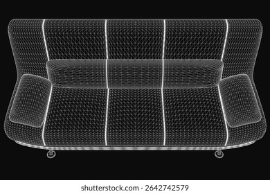 Wireframe sofa 3D model on a black background features clean lines and realistic proportions, ideal for interior design projects. The detailed mesh structure highlights the sofa's shape and contours.