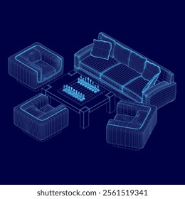 Wireframe sofa, armchairs and table with chess. Isometric view. Vector illustration. 3D