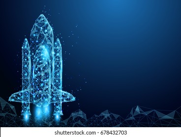 Wireframe space rocket launch sign mesh from a starry and start up concept background