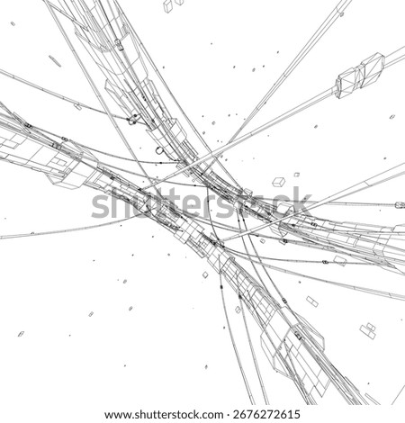 A wireframe space station architectural drawing in black and white, featuring intricate lines and dots against a stark white background.