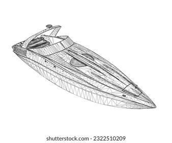 Wireframe Speedboat isolated vector illustration. Luxury and expensive boat. 3D.