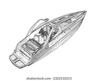 Ilustración vectorial aislada de la lancha de alta velocidad. Barco caro y de lujo. 3 D.