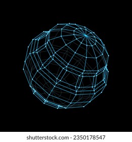 Wireframe sphere and 3d futuristic ball shape. Futuristic blue wire line structure, dimensional grid vector model or digital technology geometric ball. Cyber mesh or polygonal sphere shape
