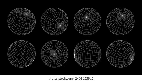 Wireframe sphere 3D. Low poly planet, linear design, set from different angles