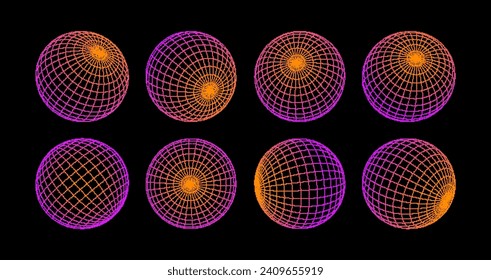 Wireframe sphere 3D. Low poly planet, bitmap dither pixel effect, linear design, set from different angles