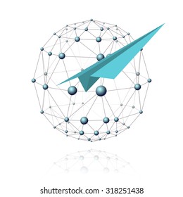 Wireframe sphere and blue orbs, blue paper airplane on a white background, communication or travel concept