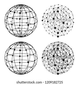 Wireframe sphere with dots set vector illustration. Mesh polygonal globe structure. Global network connection or business concept. Isolated on white