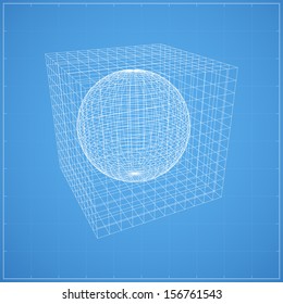 Wireframe of sphere inner wireframe of cubic space on blueprint background - Vector illustration