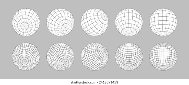 Wireframe sphere set isolated.  Striped 3D balls, geometry globe grid collection in different positions