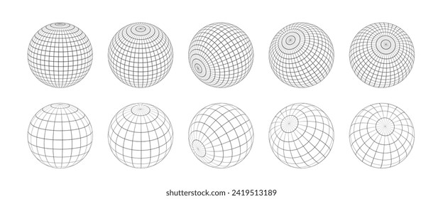 Wireframe sphere set isolated.  Striped 3D balls, geometry globe grid collection in different positions