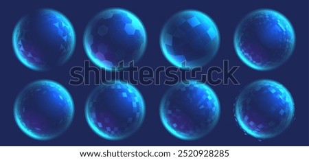 Wireframe sphere shields. Glowing digital bubble, secure 3D grid circle shield and holographic barrier spheres. Futuristic protection field isolated vector set.