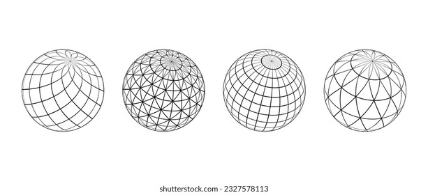 Wireframe spheres collection. 3d outline globes with different grid patterns. Black geometric circle elements for design templates, icons, logo. Abstract balls with connected lines. Vector pack