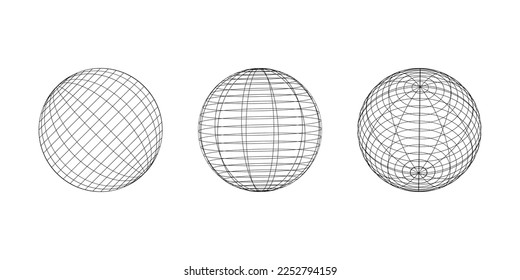 Wireframe-Kugeln in verschiedenen Winkeln. Globe Gitterrahmen-Set. Geometrisches Rundnetz. Kollektion für Grafikdesign in einer Übersicht.