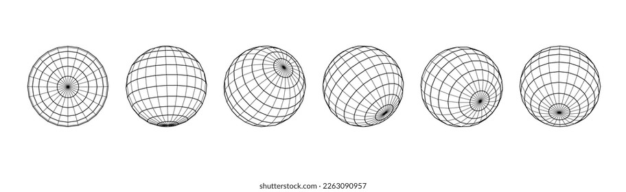 Wireframe Kugeln Globus Erde. Globe-Symbole in verschiedenen Winkeln. Lineares, kreisförmiges Globalgitter einzeln