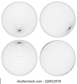 Wireframe spheres, globes. Spheres with checkered surface